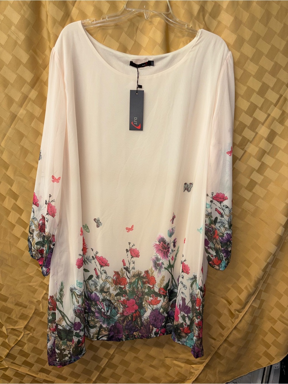 Cream Floral-Print Women’s Tunic Top with Butterfly Accents